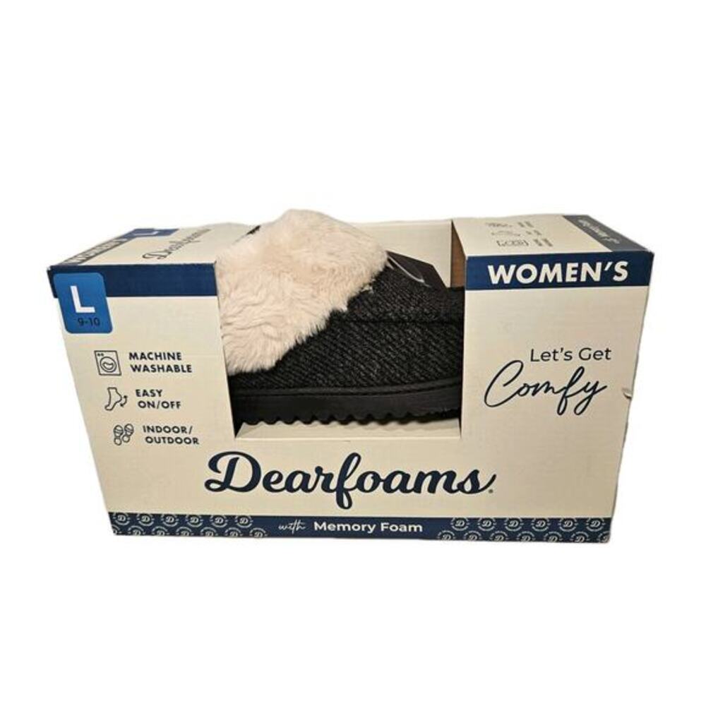 Dearfoams Women’s BLACK Indoor/Outdoor Memory Foam Slippers‎ Size L 9-10 / NEW